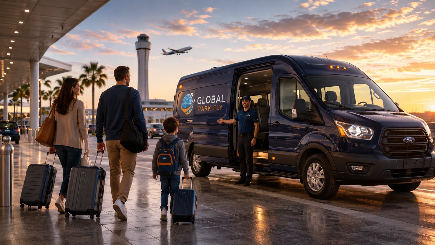 GlobalParkFly shuttle van greeting a family with luggage at Orlando International Airport